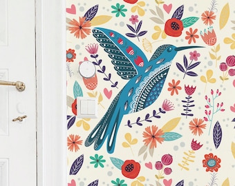 Scandinavian Birds wallpaper - Peel and Stick Wallpaper or Non Pasted Wallpaper / Bird Removable wallpaper / Colorful wallpaper