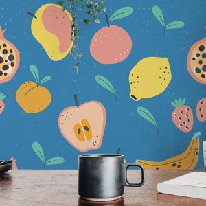 Blue Fruit Peel and Stick wallpaper / Illustrated Removable wallpaper / Bold kitchen wallpaper - Self-adhesive or Traditional