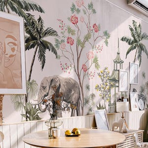 Watercolor Tropics peel and stick wallpaper / Jungle Animals wall mural / Safari Garden mural print - Removable Self-adhesive or Non-Pasted