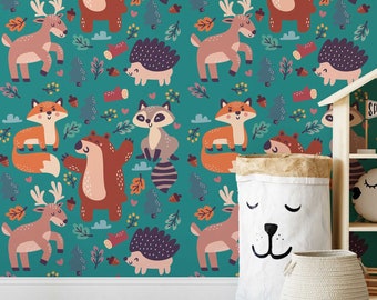 Teal Eclectic Peel and Stick wallpaper / Animal Removable wallpaper / Teal wallpaper - Self-adhesive or Traditional