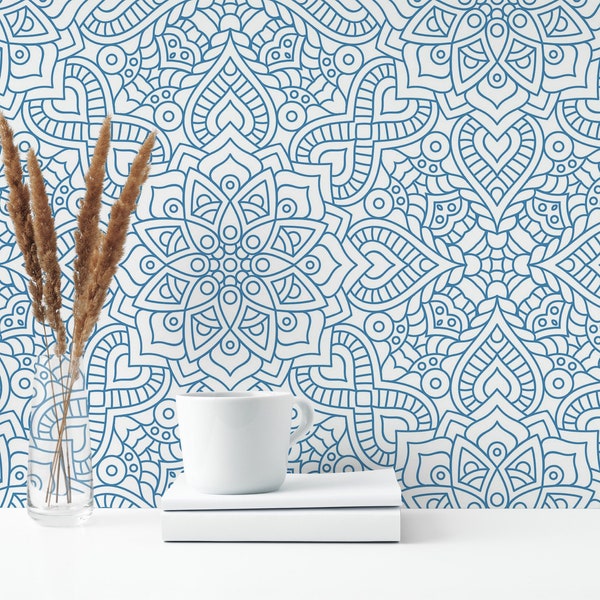 Blue Flower Removable wallpaper design / Mandala Peel and Stick wallpaper / Floral wallpaper - Self-adhesive or Traditional