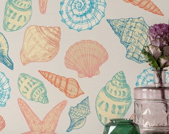 Coastal Seashell wallpaper - Peel and Stick Wallpaper or Non Pasted Wallpaper / Fun Removable wallpaper / Beige self-adhesive wallpaper