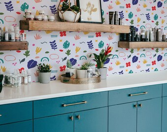 Colorful Flowers Peel and Stick wallpaper / Geometric Removable wallpaper / Colorful Scandinavian wallpaper - Self-adhesive or Traditional