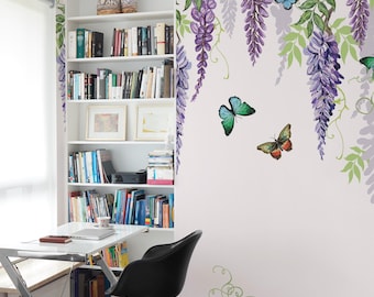 Purple Wisteria Blooms Wallpaper Mural: Airy Botanical Canopy With Fluttering Butterflies (Peel and Stick or Non Pasted, Custom Sizes)