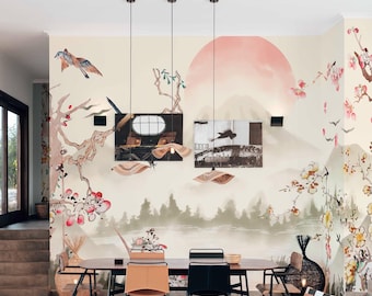 Mountain Sunrise Wallpaper Mural: Misty Chinoiserie Blossom Landscape (Non-Pasted, Pre-Pasted, Peel & Stick, Custom Sizes)
