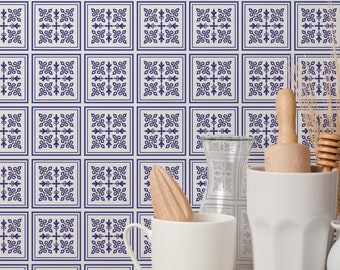 Tile Effect Removable wallpaper / Blue and white Peel and Stick wallpaper / Mosaic wallpaper - Self-adhesive or Traditional
