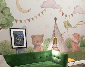 Woodland Animals Wallpaper Mural: Watercolor Boho Teepee Camp Scene (Non-Pasted, Pre-Pasted, Peel & Stick, Custom Sizes)