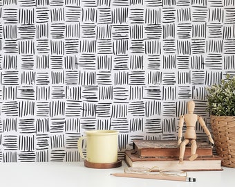 Black and white Lines Removable wallpaper / Brush Stroke Peel and Stick wallpaper / Abstract wallpaper - Self-adhesive or Traditional