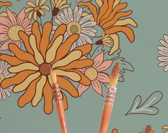 Papel pintado Retro Flowers autoadhesivo / Papel pintado floral removible / Papel pintado colorido - Autoadhesivo o tradicional