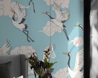 Blue Flying Cranes Wallpaper Mural: Chinoiserie Cloudscape (Non-Pasted, Pre-Pasted, Peel & Stick, Custom Sizes)