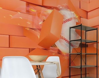 3D Effect Baseball Wallpaper Mural: Fiery Brick Wall Breakthrough (Peel and Stick or Non Pasted, Custom Sizes)