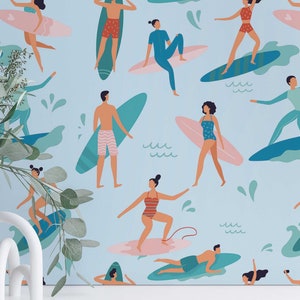 Surfers wallpaper - Peel and Stick Wallpaper or Non Pasted Wallpaper / Fun Removable wallpaper / Blue self-adhesive wallpaper