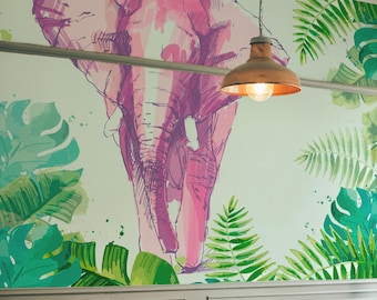 Elephant Jungle Leaves Wallpaper Mural: Watercolor Tropical Botanical Art (Non-Pasted, Pre-Pasted, Peel & Stick, Custom Sizes)