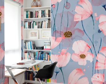 Pink Poppy Flowers Wallpaper Mural: Airy Watercolor Botanicals (Non-Pasted, Pre-Pasted, Peel & Stick, Custom Sizes)
