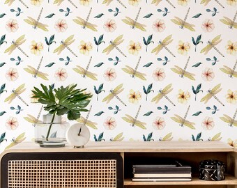 Modern libelbehang: botanisch aquarelontwerp (afpellen of niet geplakt, aangepaste formaten)