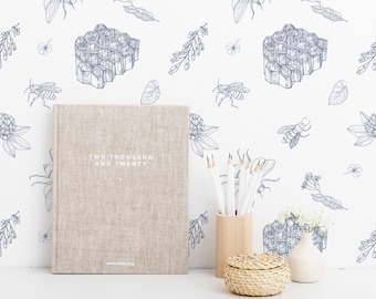 Blue and white Bee Peel and Stick wallpaper / Bee wallpaper - Self-adhesive or Traditional / Honey Bee Removable wallpaper