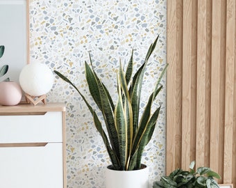 Terrazzo Peel and Stick wallpaper / Bold Removable wallpaper / Gray and yellow Mosaic wallpaper - Self-adhesive or Traditional