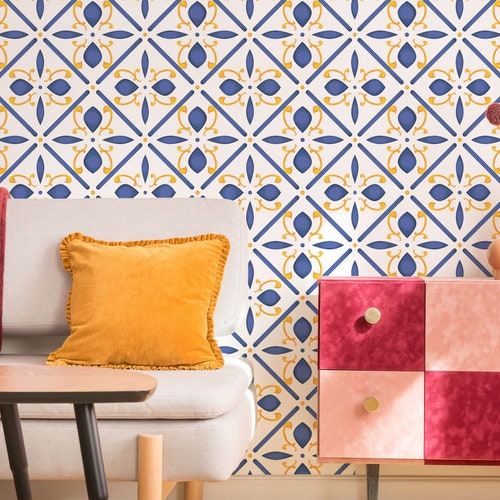 Blue and Yellow Tile Wallpaper Peel and Stick or Traditional Etsy