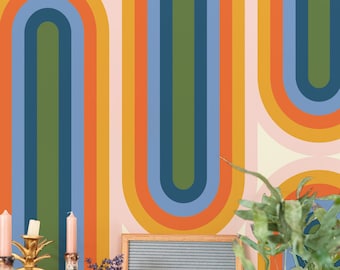 Regenboogbehang uit de jaren 70 - Zelfklevend behang of behang zonder lijm / Verwijderbaar regenboogbehang / Kleurrijk zelfklevend behang