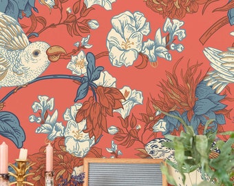 Red Vintage Chinoiserie wallpaper - Peel and Stick Wallpaper or Non Pasted Wallpaper / Bird Removable wallpaper / Red wallpaper