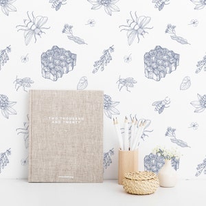 Blue and white Bee Peel and Stick wallpaper / Bee wallpaper - Self-adhesive or Traditional / Honey Bee Removable wallpaper