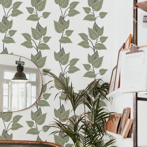 Leaf Peel and Stick wallpaper / Botanical Removable wallpaper / Green and white wallpaper - Self-adhesive or Traditional