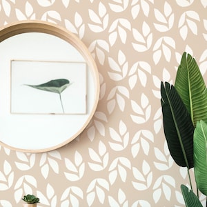 Beige and white Leaf wallpaper / Leaf Removable wallpaper - Self-adhesive or Traditional / Neutral Peel and Stick wallpaper