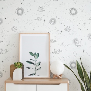 Black and white Celestial Peel and Stick wallpaper / Moon Removable wallpaper / Sun wallpaper - Self-adhesive or Traditional