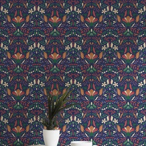 Carta da parati floreale scandinava blu scuro / Vinile simmetrico botanico staccabile e attaccabile, tessuto o non incollato / Dimensioni personalizzate
