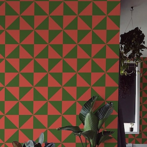 Red and Green Geometric wallpaper | Geometric Modern Peel and Stick Wallpaper - Removable Fabric or Vinyl, Non-Pasted | Custom Sizes