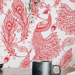 Red Bird Peel and Stick wallpaper / Animal Removable wallpaper / Red peacock wallpaper - Self-adhesive or Traditional