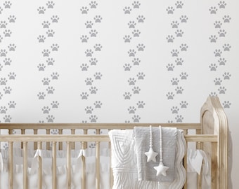 Dog Paw Removable wallpaper / Grey and white Peel and Stick wallpaper with paw print / Dog wallpaper - Self-adhesive or Traditional