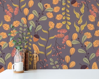 Orange Fall leaves Peel and Stick wallpaper / Modern Removable wallpaper / Orange wallpaper - Self-adhesive or Traditional
