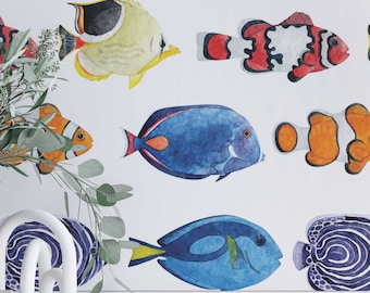 Aquarel Vissen-behang - Peel-and-Stick-behang of niet-gelijmd behang / Verwisselbaar visbehang / Kleurrijk behang