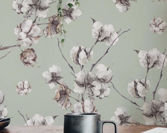 Sage Cotton wallpaper - Peel and Stick Wallpaper or Non Pasted Wallpaper / Floral Removable wallpaper / Green self-adhesive wallpaper