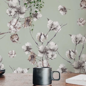 Sage Cotton wallpaper - Peel and Stick Wallpaper or Non Pasted Wallpaper / Floral Removable wallpaper / Green self-adhesive wallpaper
