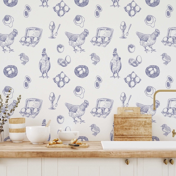 Navy Blue Chicken Peel and Stick wallpaper / Farmhouse Removable wallpaper / Blue And White wallpaper - Self-adhesive or Traditional