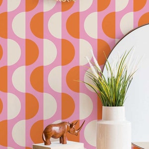 Retro semi-circles wallpaper - Peel and Stick Wallpaper or Non Pasted Wallpaper / Geometric Removable wallpaper / Orange wallpaper