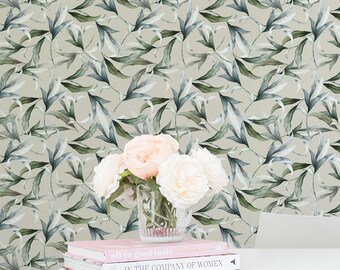 Botanical Leaf wallpaper - Peel and Stick Wallpaper or Non Pasted Wallpaper / Leaf Removable wallpaper / Green self-adhesive wallpaper