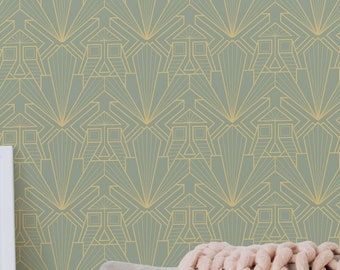 Art deco geometrisch behang - Peel-and-Stick behang of vliesbehang / Geometrisch verwijderbaar behang / Groen behang
