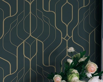 Art deco geometrisch behang - Peel-and-Stick behang of vliesbehang / Geometrisch verwijderbaar behang / Groen behang