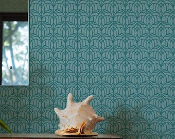 Blauwgroen art-decobehang: Peel-and-Stick-behang of niet-gelijmd behang / Geometrisch verwijderbaar behang / Groen behang