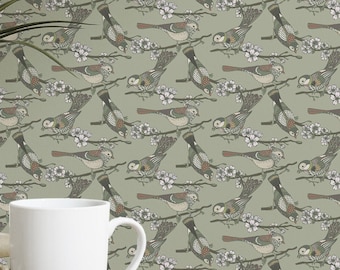 Chinoiserie Bird wallpaper - Peel and Stick Wallpaper or Non Pasted Wallpaper / Bird Removable wallpaper / Green self-adhesive wallpaper