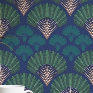 Art Deco Floral wallpaper - Peel and Stick Wallpaper or Non Pasted Wallpaper / Floral Removable wallpaper / Blue self-adhesive wallpaper