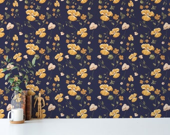 Navy floral peel and stick wallpaper / Small flower removable wallpaper / Navy wallpaper - Self-adhesive or Traditional