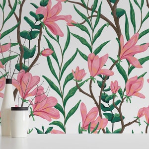 Magnolia wallpaper - Peel and Stick Wallpaper or Non Pasted Wallpaper / Floral Removable wallpaper / Pink self-adhesive wallpaper