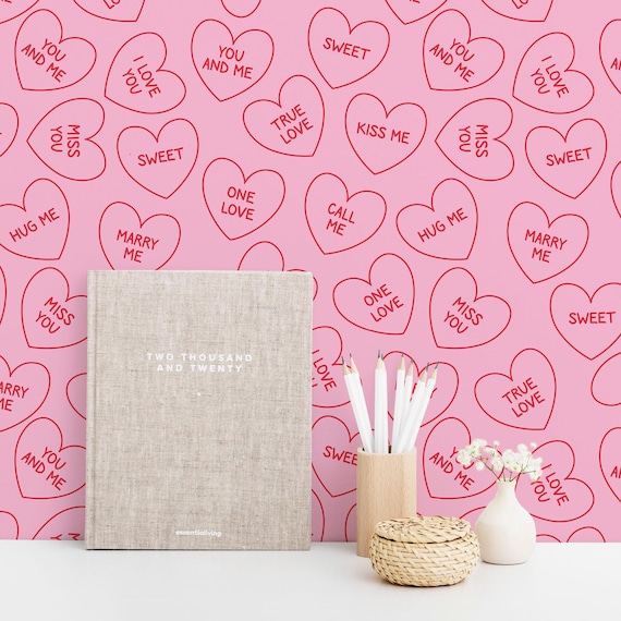 Pink Valentine Peel and Stick wallpaper / Heart Removable wallpaper / Pink wallpaper - Self-adhesive or Traditional