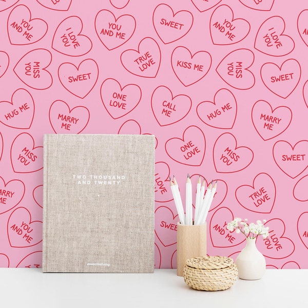 Pink Valentine Peel and Stick wallpaper / Heart Removable wallpaper / Pink wallpaper - Self-adhesive or Traditional