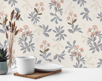 Beige Peel-and-Stick-behang met bloemen / verwijderbaar behang herfst / Beige behang - zelfklevend of traditioneel