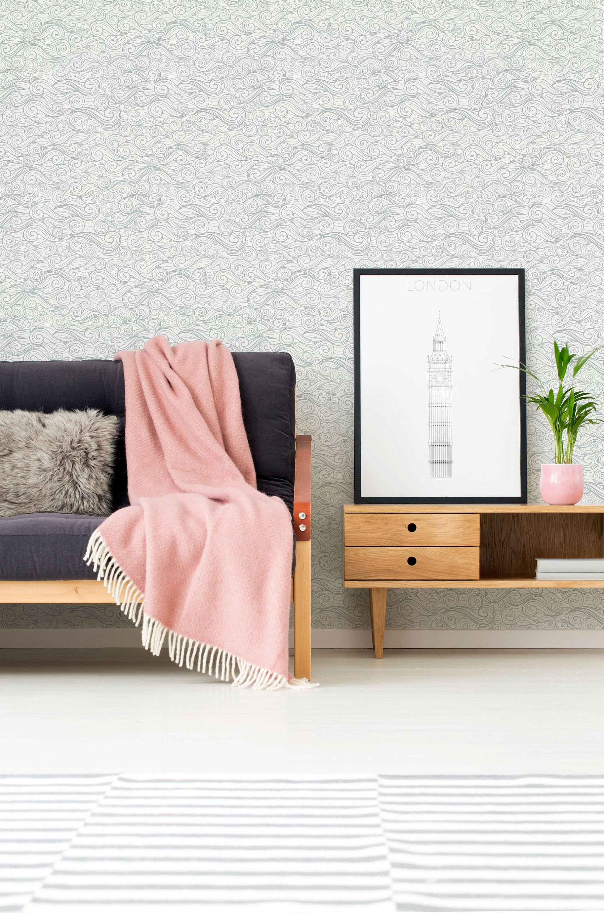 Gray Waves Peel and Stick wallpaper / Wave Swirl wallpaper - Self-adhesive or Traditional / Nautical Removable wallpaper
